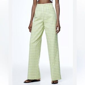 ZARA High‎ Rise Gingham Pants Size Small Green White Cotton Wide Leg